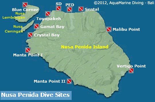 Map of Bali's Nusa Penida & Lembongan Dive Sites.