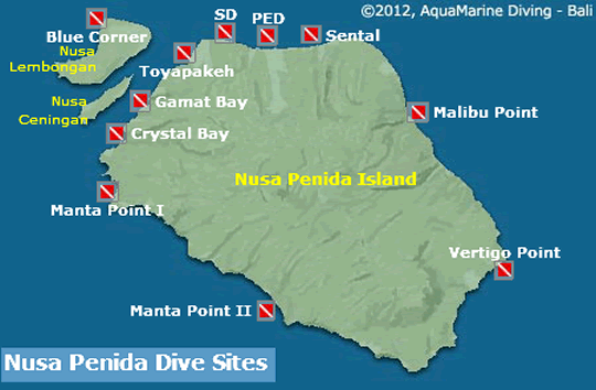 Map of Bali's Nusa Penida & Lembongan Dive Sites. Map of Bali's Nusa Penida & Lembongan Dive Sites.